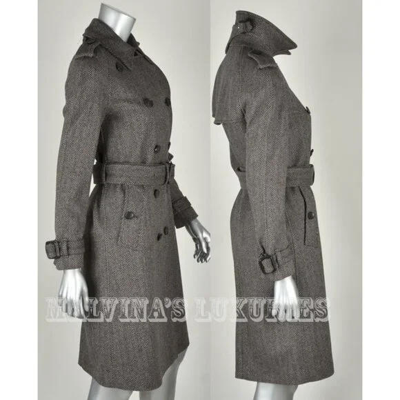 GUCCI COAT GREY WOOL HERRINGBONE DOUBLE BREASTED LONG JACKET IT42/ US6